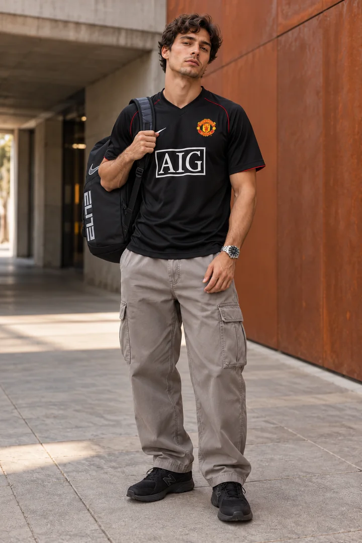AI-generated OOTD reference: black football jersey, grey cargo trousers, black basketball backpack and silver black-dial watch.