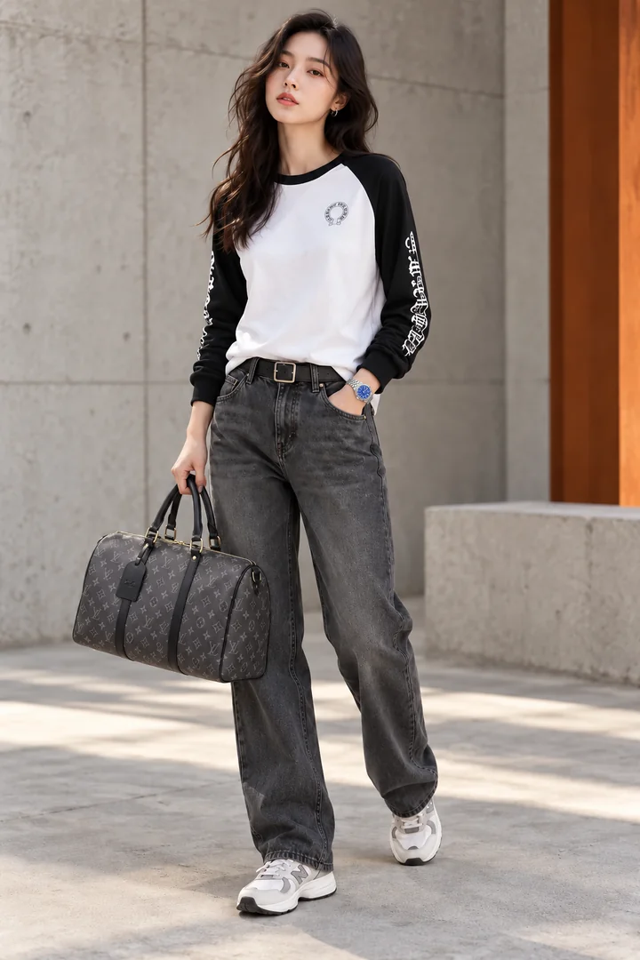 AI-generated OOTD reference: black-and-white raglan shirt, dark jeans, grey monogram duffle bag and silver blue-dial watch.